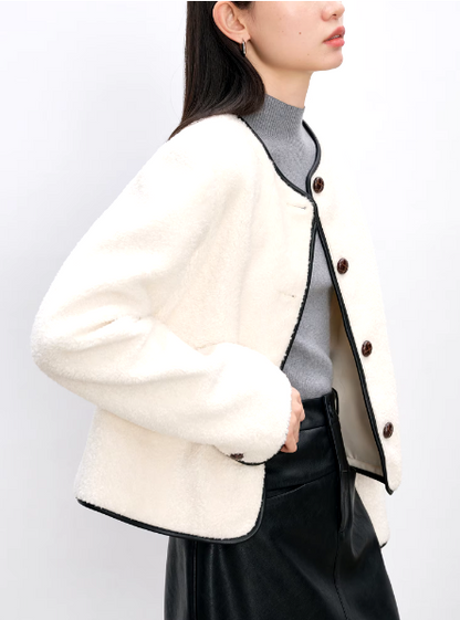 Petite Size Short Jacket For Women 2024 Fall Winter New Design Round Neck Warm Elegant Jacket White Coat